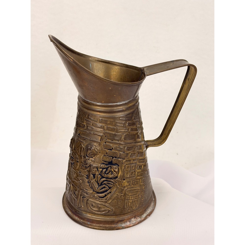 Vintage DMS England Embossed Brass Pitcher Tavern Scene Decorative Metal 8.5"